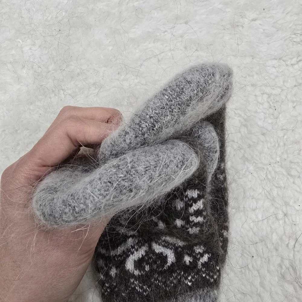 Handmade Goat Down Mittens Grey Brown Flower Pattern‎ Winter Warm Hand Knitted